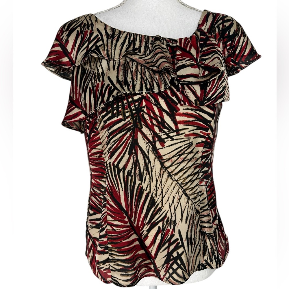 WORTHINGTON PETITE / Cream Red Black Ruffle Blouse / Petite Medium / Y2K Office